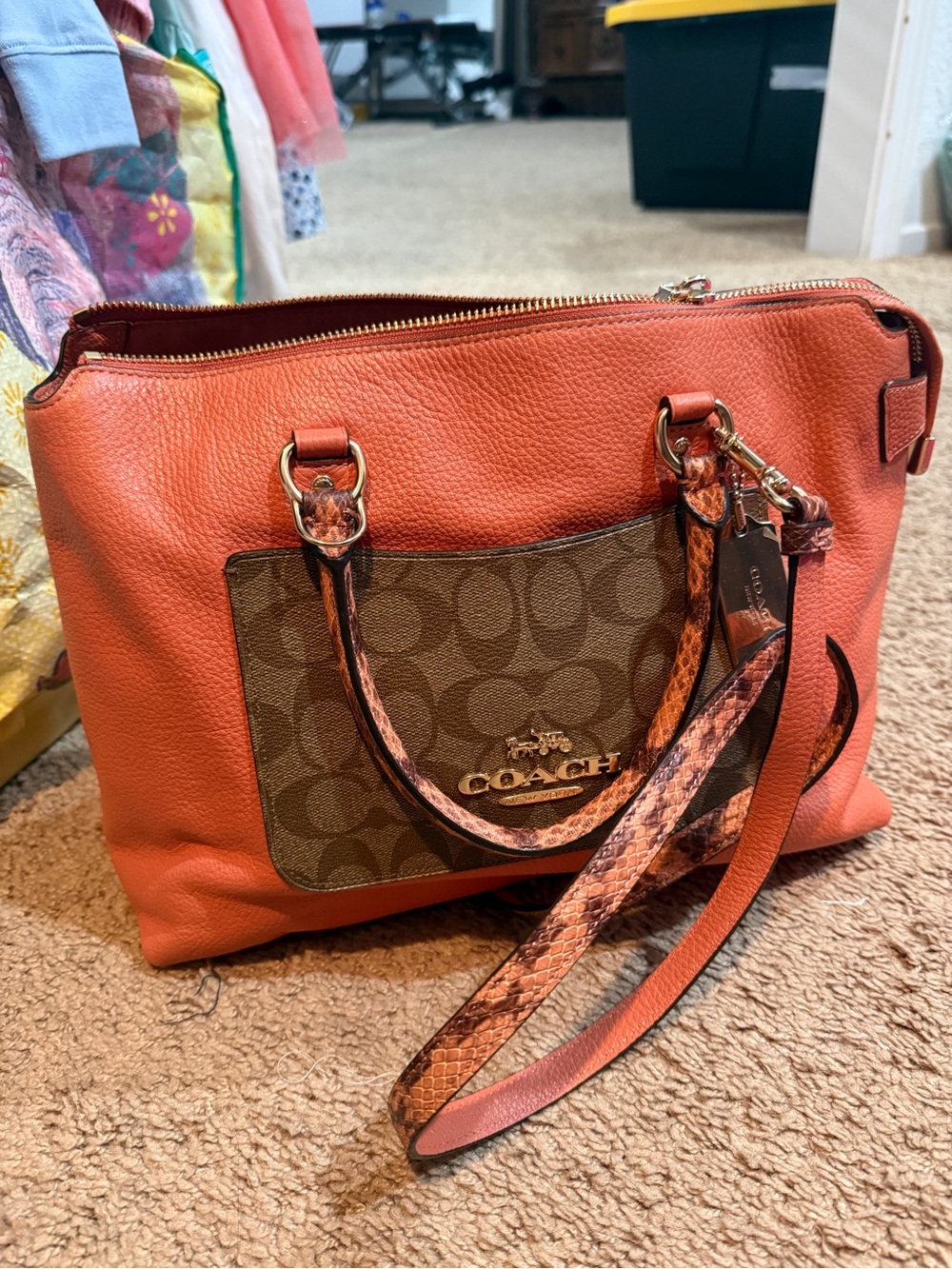 Coach Orange Pebbled Leather Tote with Signature Canvas Pocket - Picture 3 of 9